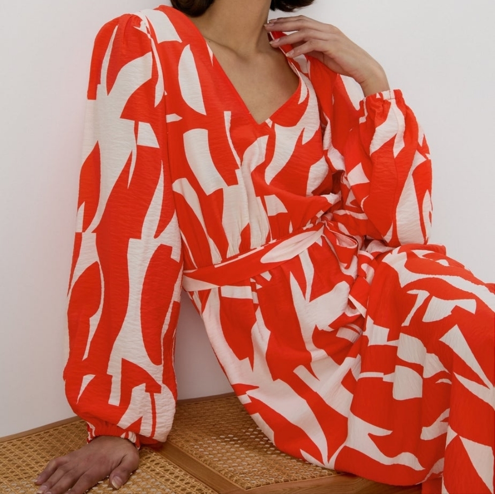 Et Vous Red Abstract Print Balloon Sleeves Dress Midi Coral White Viscose 10